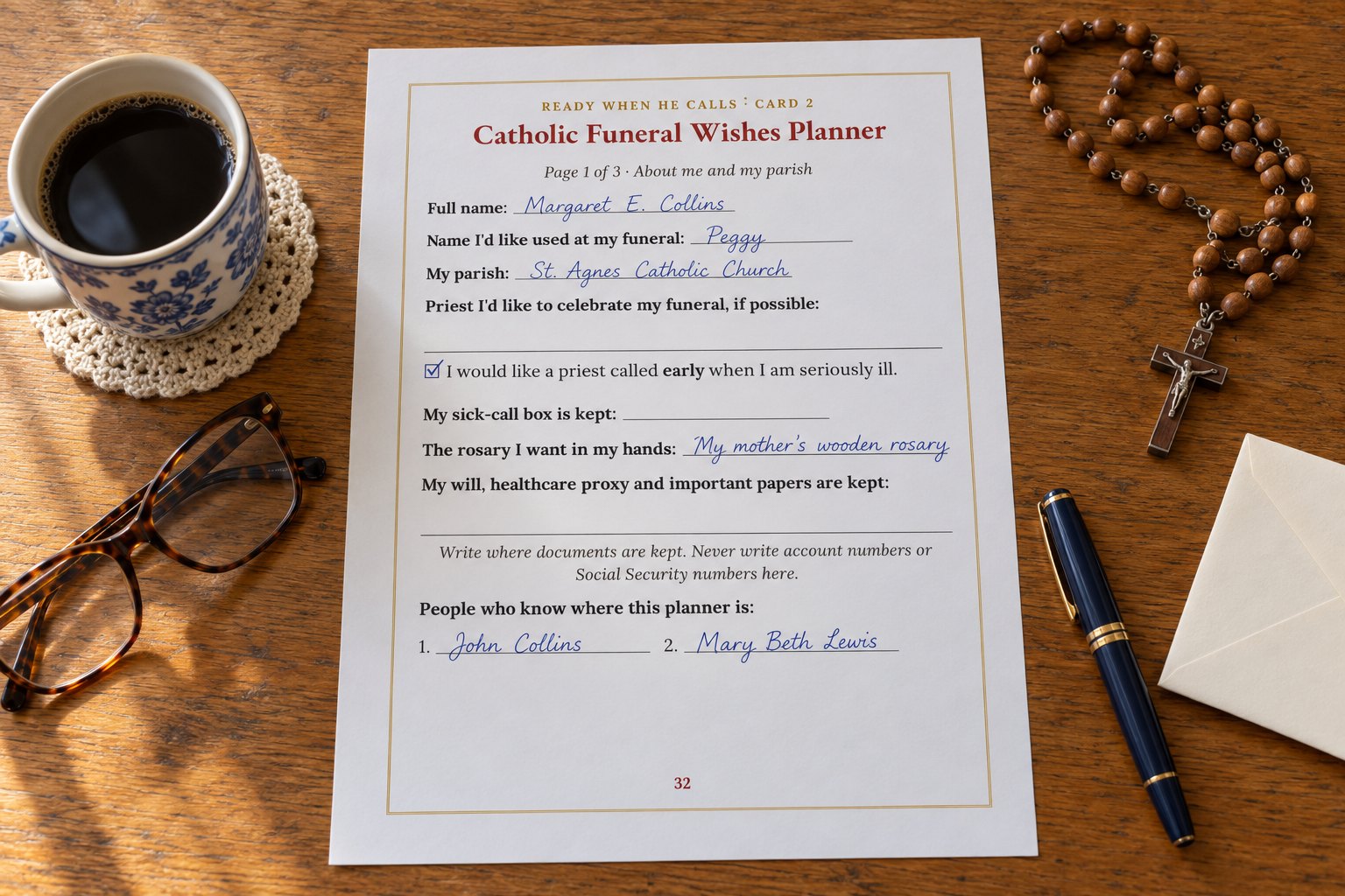 The funeral planner printed on a kitchen table